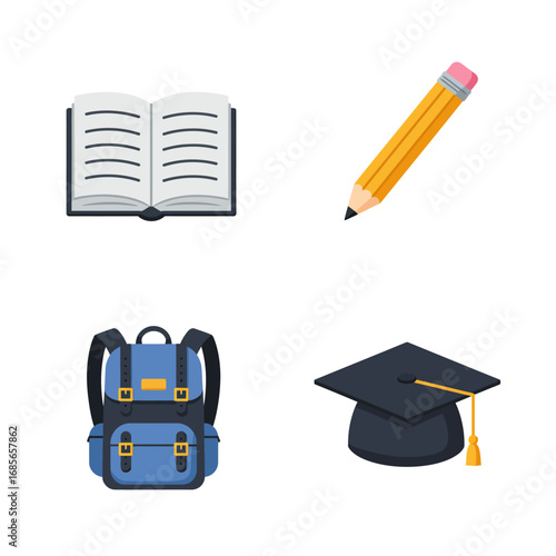 Collection of educational icons an open book, a pencil, a backpack, and a graduation cap, representing learning and study