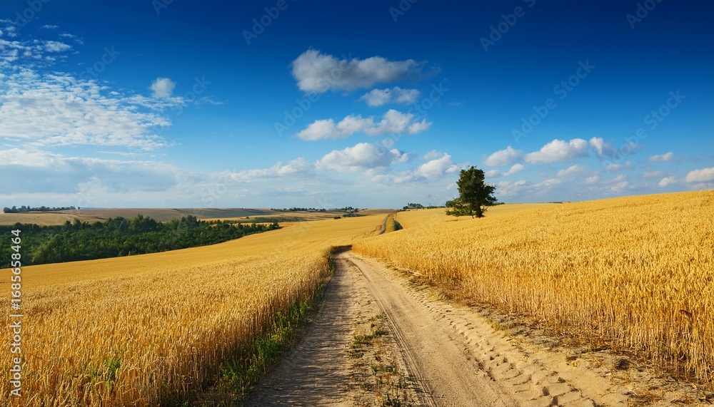 Fototapeta premium a scenic landscape featuring a dirt path through golden fields under a blue sky