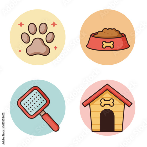 Colorful cartoon vector icon set illustrating pet care essentials featuring a doghouse, food bowl, grooming brush, and paw print