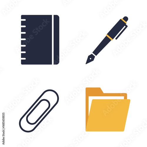 Minimalist office and school supply icon collection. Vector graphics of a notebook, pen, fastener, and document holder for business concepts