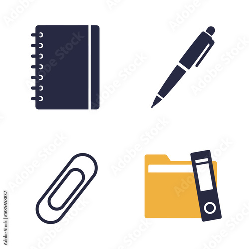 Essential office supplies and stationery items represented by minimalist icons for business, education, and organization