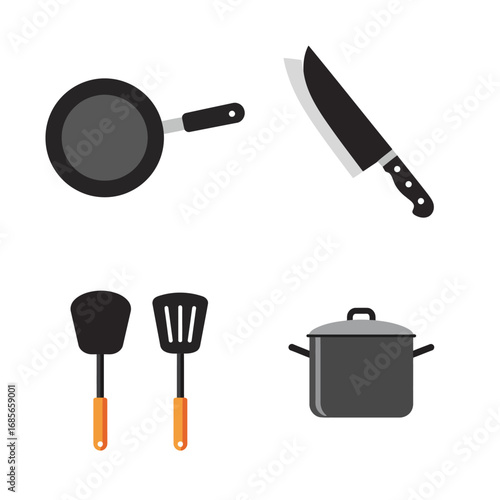Vector illustration set of essential cooking and kitchenware icons. Includes a frying pan, kitchen knife, spatulas, and a stockpot for meal preparation