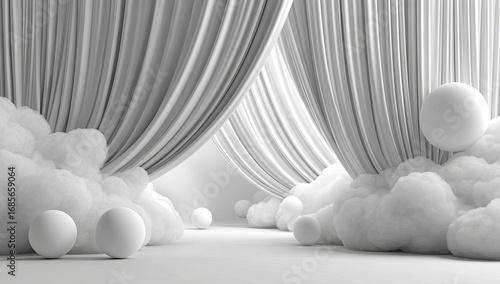 White draped curtains, soft clouds, and spheres