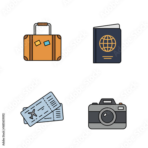 A collection of colorful flat line travel icons including a suitcase, passport, airline tickets, and a camera for vacation and journey concepts