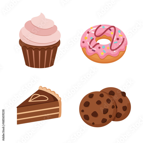 A delightful collection of cartoon dessert icons, including a frosted cupcake, sprinkled donut, slice of chocolate cake, and chocolate chip cookies