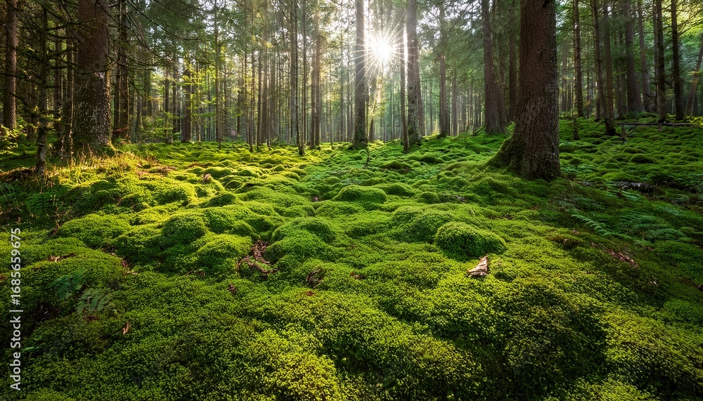 Obraz premium a realm where forest floor is adorned with a vibrant tapestry of emerald moss beckoning you to a thrilling journey of discovery and wonder