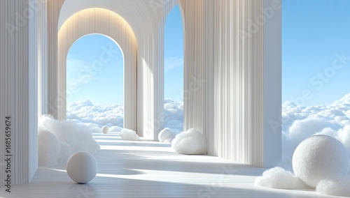 White, arched colonnade, floating clouds