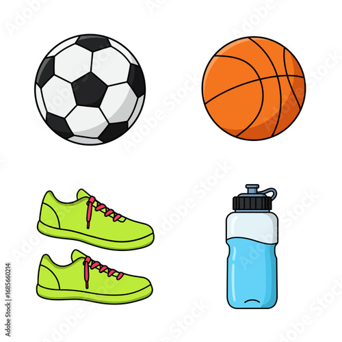 Vibrant cartoon collection of sports equipment icons, including a soccer ball, basketball, athletic sneakers, and a reusable water bottle