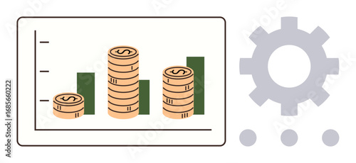 Coin stacks placed on bar graph representing financial growth, next to gear icon symbolizing strategy and efficiency. Ideal for finance, investment, progress, economy, business planning, wealth