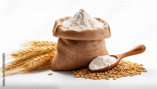 wheat grains in burlap sack with flour isolated on transparent background