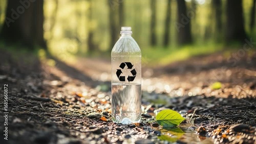 Clear plastic water bottle with recycling symbol on forest floor near puddle and leaf outdoors