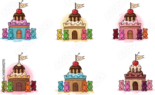 Cute gummy bears with colorful cupcake castles vector illustration, sweet dessert fantasy design with chocolate toppings and cherry flags illustration cartoon