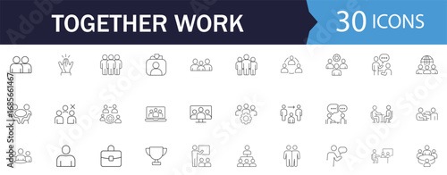 Together Work line icons. Minimalist editable vector line icons Containing job, career, employment, meeting, organization, teamwork and networking icons. Perfect for business, project, and team use.