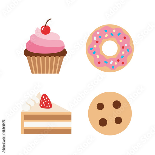 Collection of delicious baked goods including cupcakes, donuts, cake slices, and cookies, perfect for food blogs and culinary art