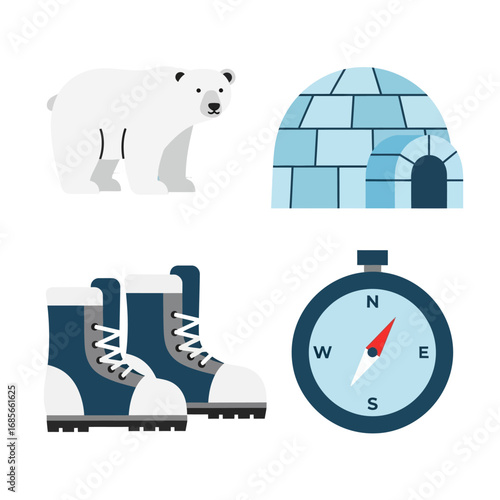 Collection of polar expedition symbols featuring a white bear, ice house, winter boots, and a navigational compass illustration set