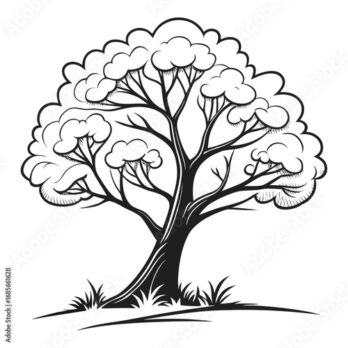 "Create a black and white illustration of a stylized tree with a curvy trunk, multiple flowing branches, and a full, rounded canopy made of soft, cloud-like clusters of leaves, giving a sense of grace