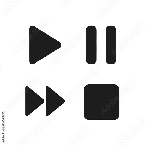 Simple vector graphic collection of media player control icons. Includes play, pause, stop, and fast forward glyphs for user interface design