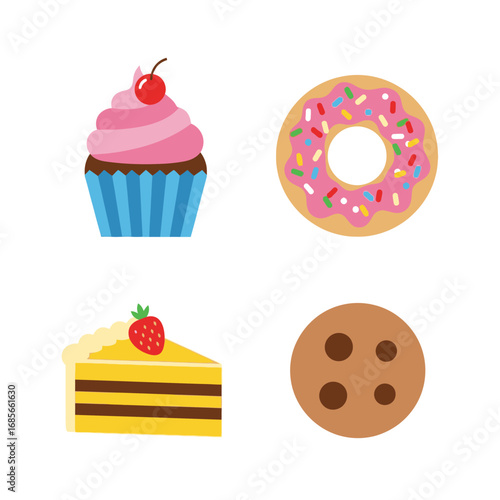 A sweet collection of four dessert icons. This colorful set features a cupcake, donut, cake, and cookie in a simple flat design, isolated on a white background
