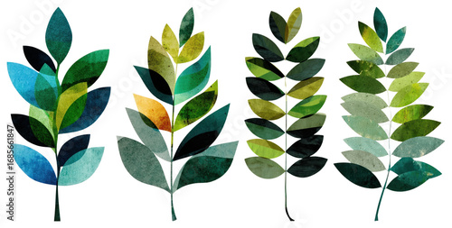 PNG Colorful abstract geometric leaves, element set on transparent background
