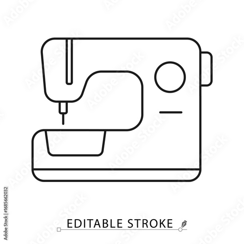 A sewing machine icon in minimalist style with editable stroke. Textile equipment, tailoring device, household appliance, domestic utility, modern technology, electric machine
