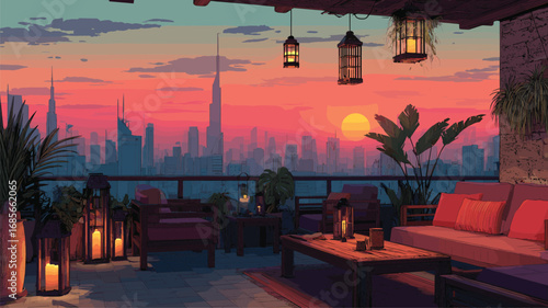 Cozy sunset urban terrace view with lanterns, red sofas, and skyline silhouette in warm tones

