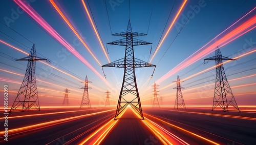 Power Lines Sunset Highway Orange Pink Light Streaks