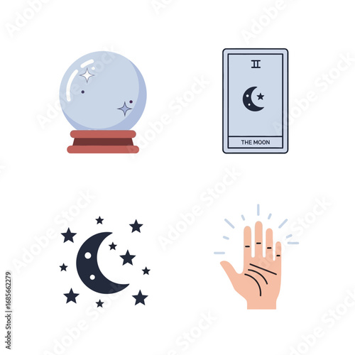 A collection of mystical divination symbols including a crystal ball, moon tarot card, palmistry hand, and celestial stars illustration set