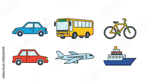 Vector illustration collection of various transport vehicles. Flat style icons of a car, public bus, bike, plane, and boat for web and graphic design