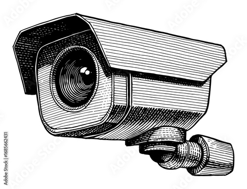 Angled security camera in engraving style, black and white