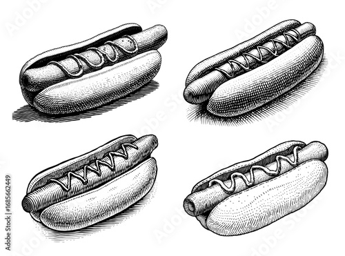 Hot dogs in vintage engraving style, black and white
