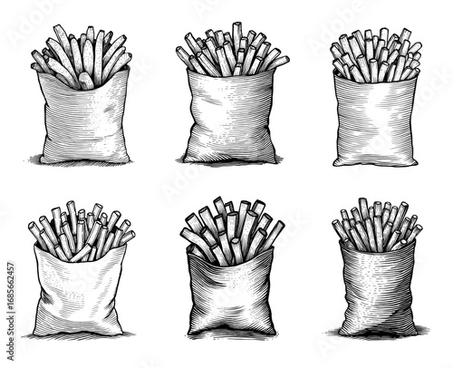 Set of bags of french fries in a vintage woodcut style, black and white