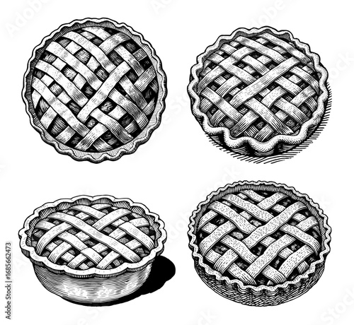 Lattice-top pies in a vintage engraving style, in black and white