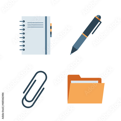 A modern set of flat design office and school supply icons, featuring a spiral notebook, pen, paperclip, and file folder for business concepts