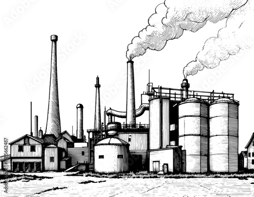 Industrial complex with smokestacks in a black and white woodcut illustration style
