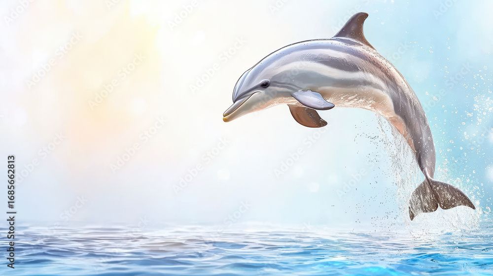 Fototapeta premium Dolphin leaps gracefully above water, showcasing its playful nature against serene blue background