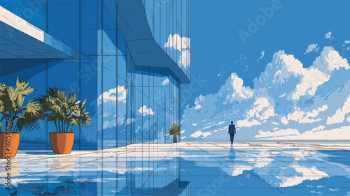 Glass building over reflecting water with bright sky, potted trees, and lone walking figure in distance


