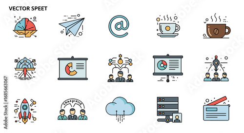 Illustration of business and marketing icons on white background