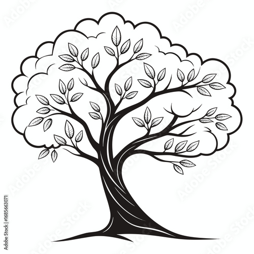 "Create a detailed black silhouette of a leafless, gnarled tree with twisting branches spreading out in various directions, giving a sense of eerie, natural complexity and organic flow."