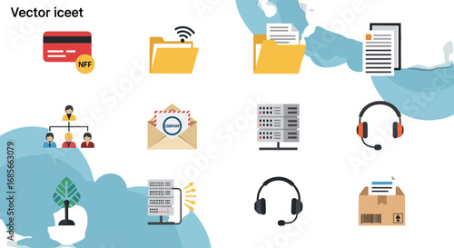 Various business and communication icons arranged on white