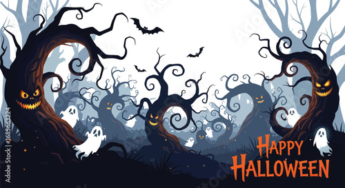 A spooky halloween landscape featuring gnarled, menacing trees with glowing faces, surrounded by ghostly figures and bats, creating a chilling and atmospheric scene