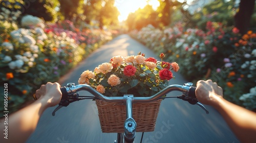 Hands holding handlebars of bicycle with basket full of roses, riding through colorful rose garden at sunset