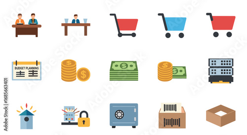 Icons depicting business finance and security related objects