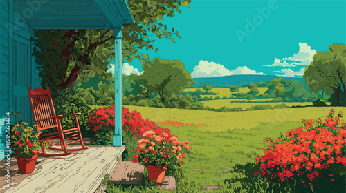 Cozy rural porch with rocking chairs, red flowers, and fields stretching towards distant hills under blue sky

