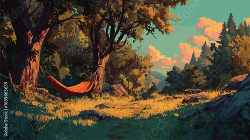 Sunny woodland clearing with orange hammock hanging between two trees and distant misty valley views

