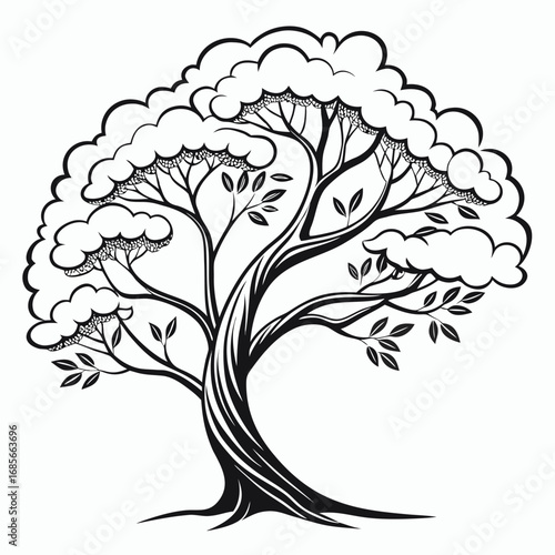 "Create a detailed black silhouette of a leafless, gnarled tree with twisting branches spreading out in various directions, giving a sense of eerie, natural complexity and organic flow."