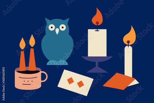 burning candles  ceramic owl  vintage postcards  