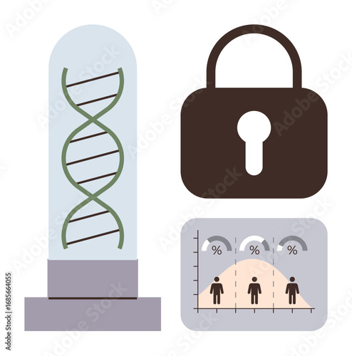 DNA strand encased in a glass container, large padlock symbolizing security, and a statistical chart with human figures and percentages. Ideal for data privacy, security, genetic research, analytics
