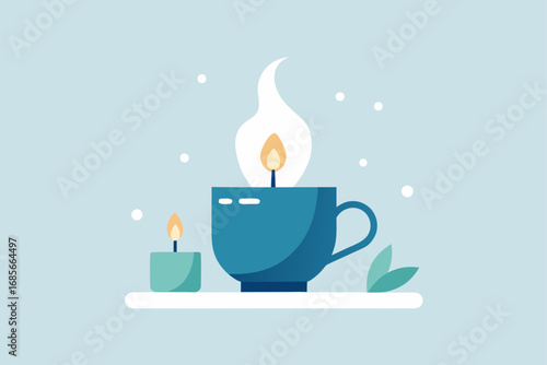 tea cup  favorite mug  candles  blurred snow  