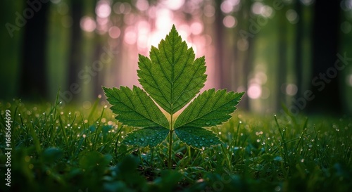 Single Green Leaf Standing Among Dewy Grass – Morning Macro Photography