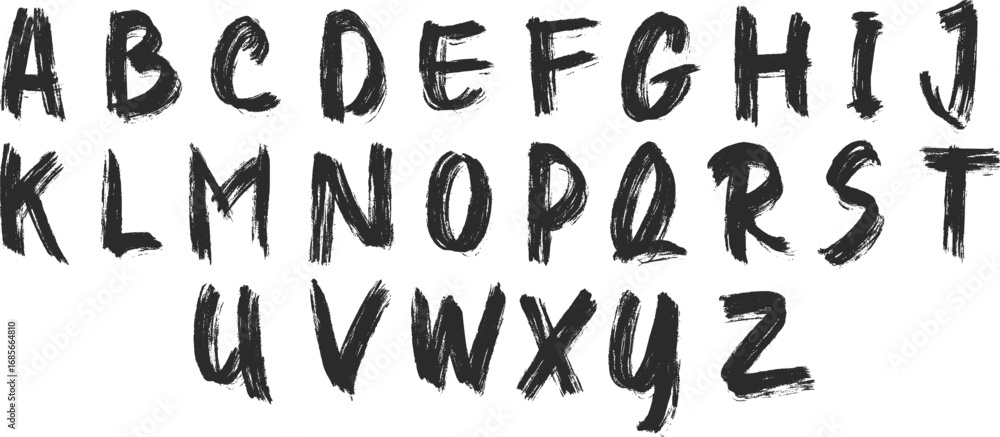 Naklejka premium Hand drawn brush stroke alphabet letters vector design. Rough textured grunge font style for creative typography. Bold artistic black lettering perfect for posters and graphics.